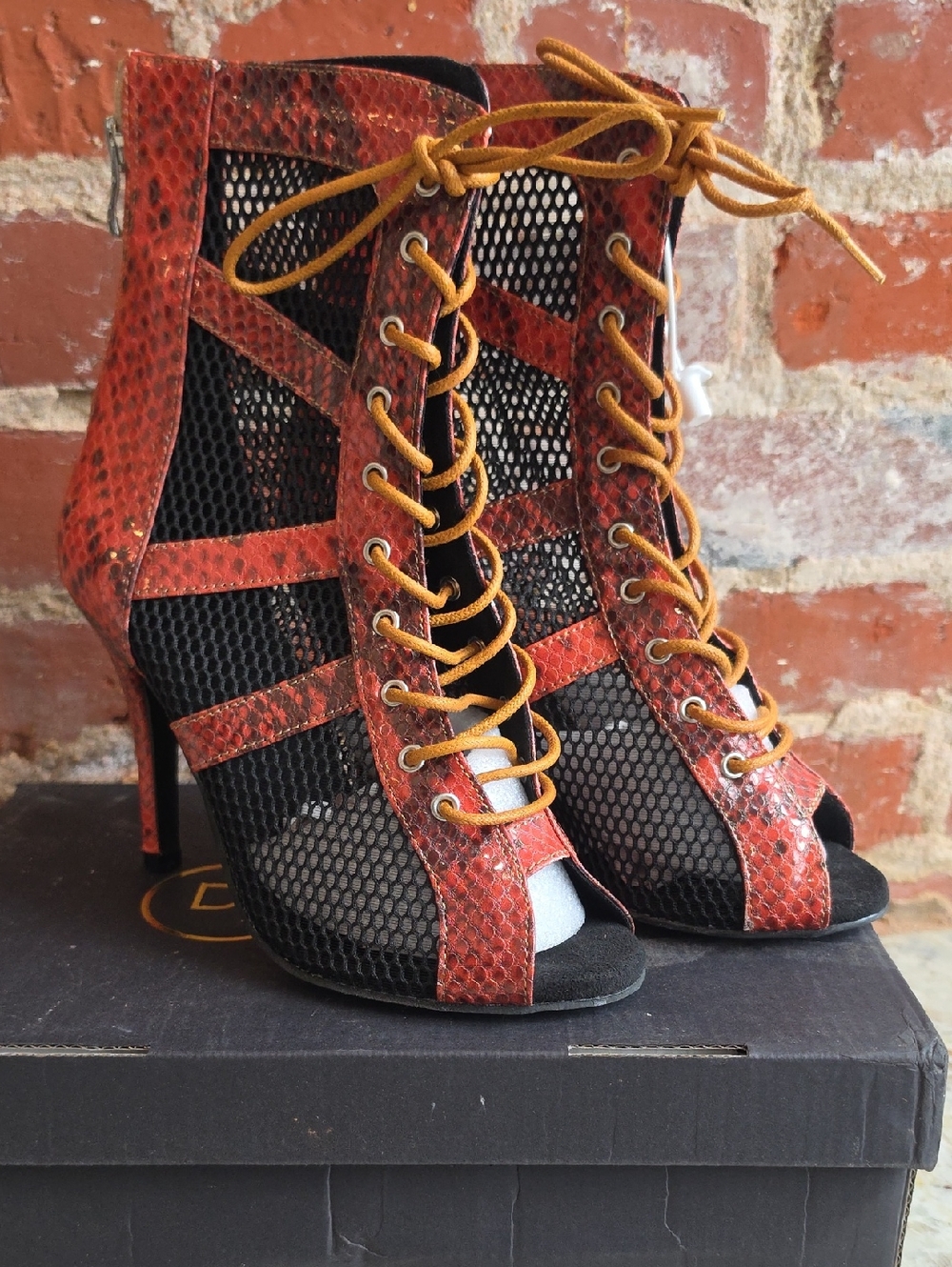 Red Snakeskin Mesh Lace-Up Stiletto Heels